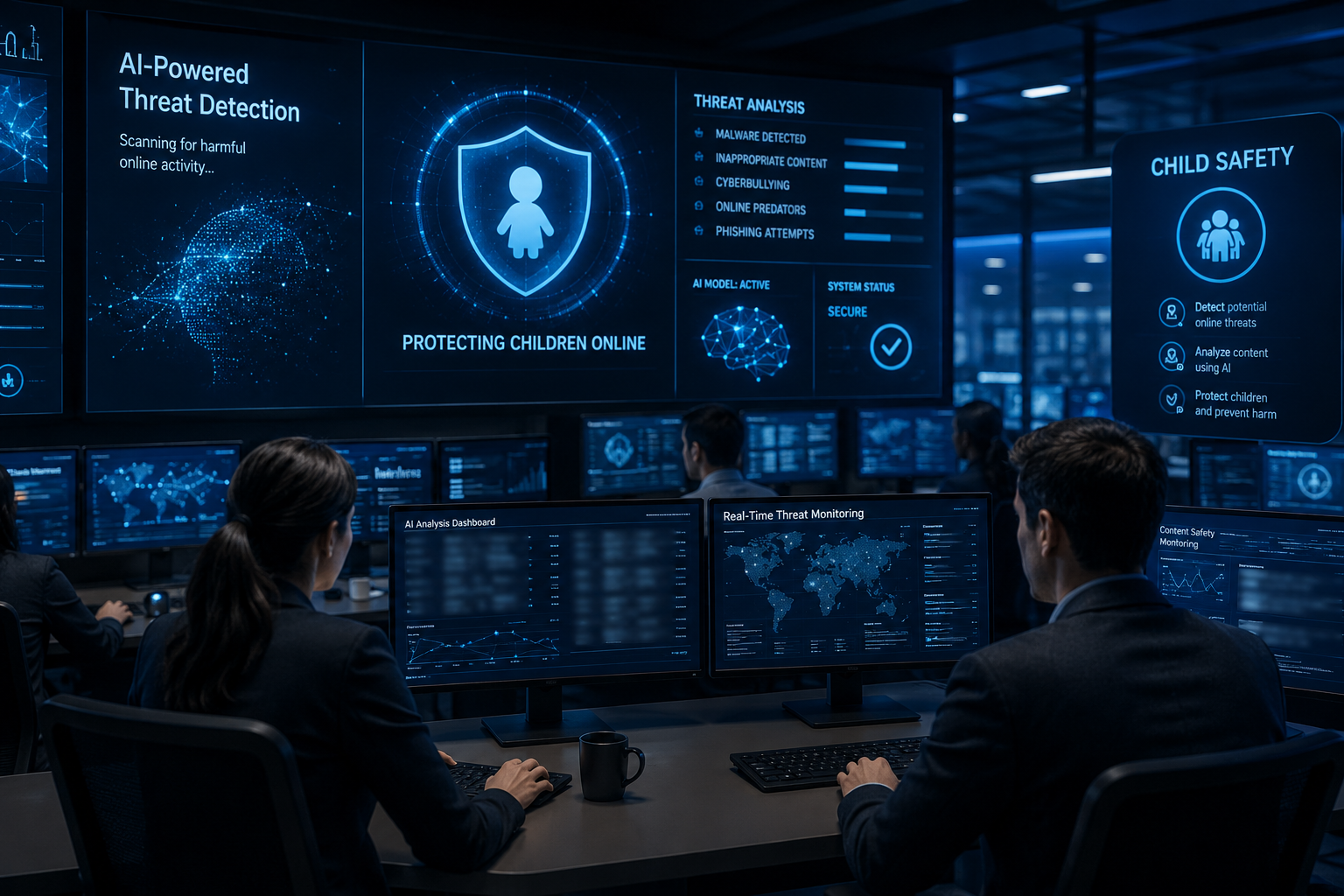 AI-powered cybersecurity system detecting and flagging harmful online content through automated image analysis and digital safety monitoring